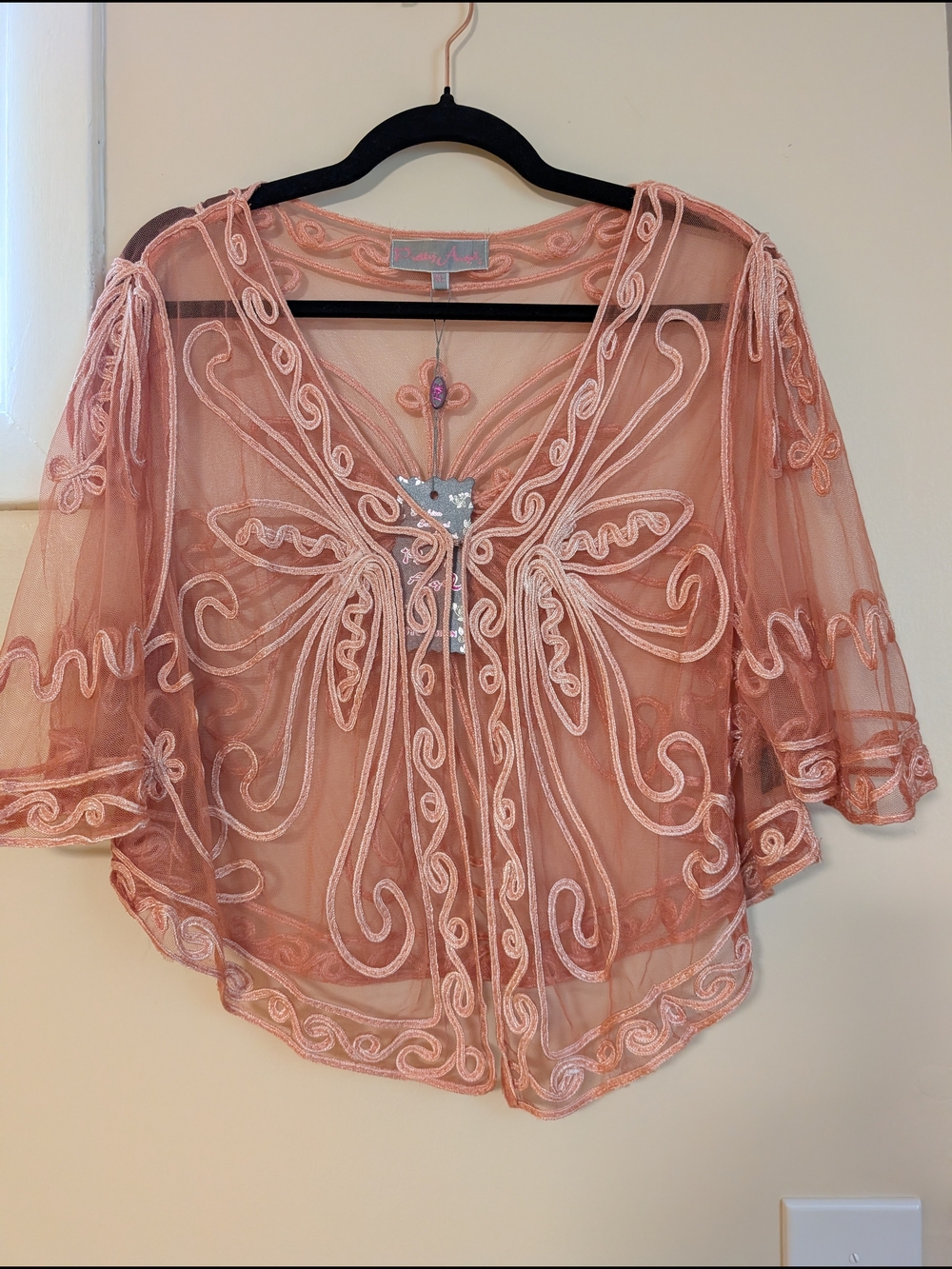 Pretty Angel Peach Sheer Embroidered Butterfly Tunic